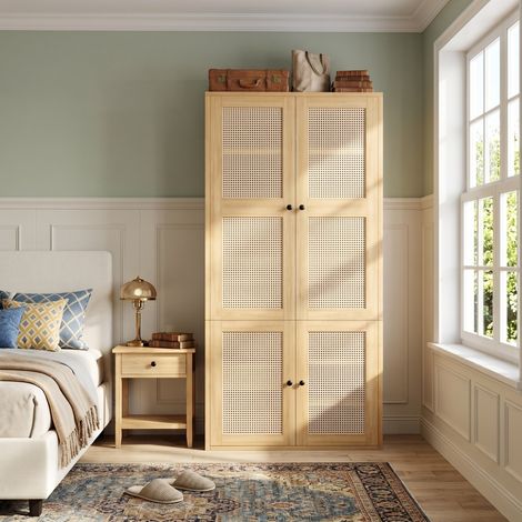 Armario de dormitorio 90x47x200 cm, ropero con puertas de ratán estilo boho, en MDF con 1 barra y 3 cajones, Roble (1/5)