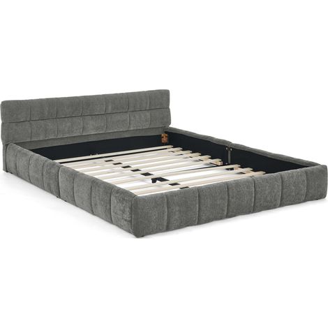 Letto matrimoniale 140 x 200 cm in ciniglia grigio scuro, legno di eucalipto e ferro (1/5)