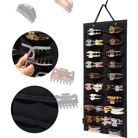 1 pezzo, organizer per fermagli per capelli da appendere, nero, 1 pezzo, organizer e contenitore per fermagli a pinza per donne e ragazze, porta fermagli per capelli da parete (1/5)