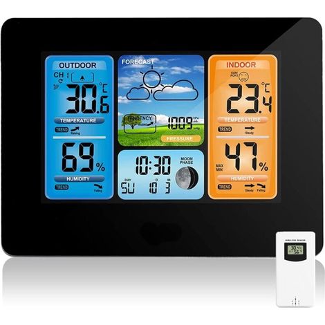 Station Météo sans Fil Station Météo à Prévision Numérique des Couleurs avec Alerte et Température/Humidité/Baromètre/Alarme/Horloge Lunaire/Météo avec Capteur Extérieur (1/5)