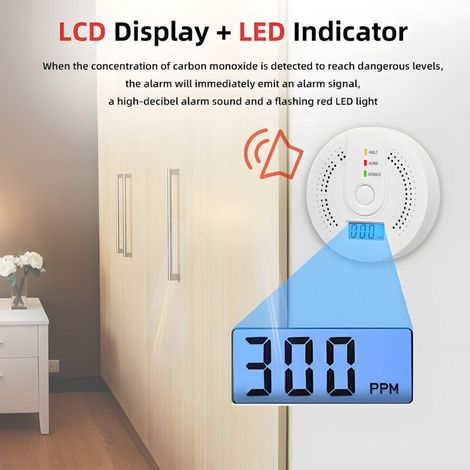 Set of 2 battery-operated carbon monoxide detectors with digital LCD display for home, kitchen, restaurant, hotel, office - Batteries not included (1/3)