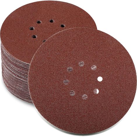 Packung mit 50 Schleifpapierscheiben 225 mm, 225 mm Schleifscheiben, 8-Loch-Schleifscheiben für Trockenbauschleifer, Langhalsschleifer, Schleifgiraffe (Körnung 10 x P40/60/80/120/240, rund) (1/5)