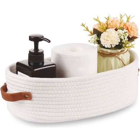Cesta de almacenamiento，Cesta de almacenamiento pequeña，Cestas de almacenamiento，Cesta de baño de cuerda de algodón，33 x 15 x 10 cm，Blanco (1/5)