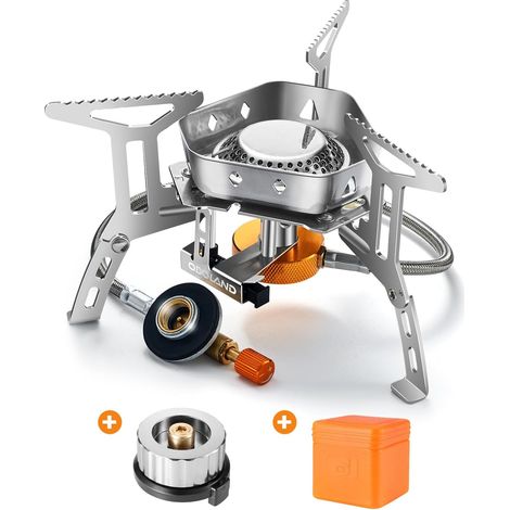 Réchaud de Camping à Gaz 3500 W, Brûleur , Poêle Ultra-Léger Cuisinière Extérieur Pliable, Coupe-Vent et avec Allumage Piézo-électrique pour Randonnée/Pique-Nique, Boîte Rouge (1/5)