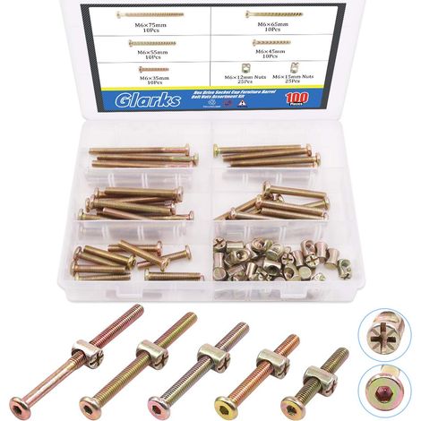 Lot de 100 boulons à tête hexagonale M6 en zinc plaqué avec écrous cylindriques - 35 mm/45 mm/55 mm/65 mm/75 mm (1/5)