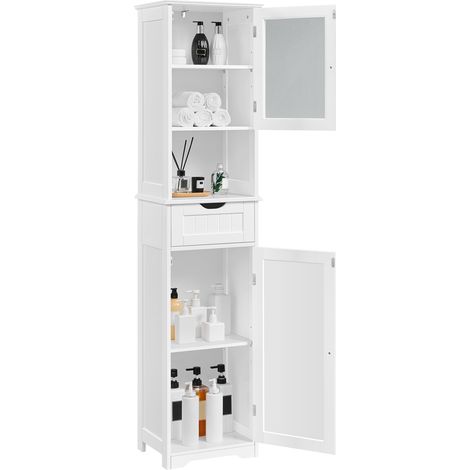 Homevive Armario Baño Mueble Auxiliar de Baño Armario de Cocina con Puerta de Cristal Armario Estrecho 40x30x170 cm Blanco (1/5)