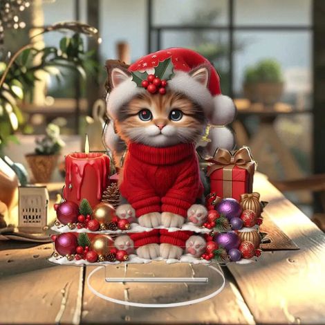 Statuette Chat De Noël - Décoration De Bureau Et Étagère Pour Fêtes - Figurine Festive En Résine - Hauteur 20 Cm - Rouge (1/5)