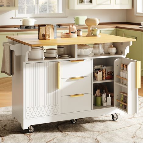 Isla de cocina móvil 120x40x95 cm de MDF blanco con alas abatibles – MEUBLIV (1/5)