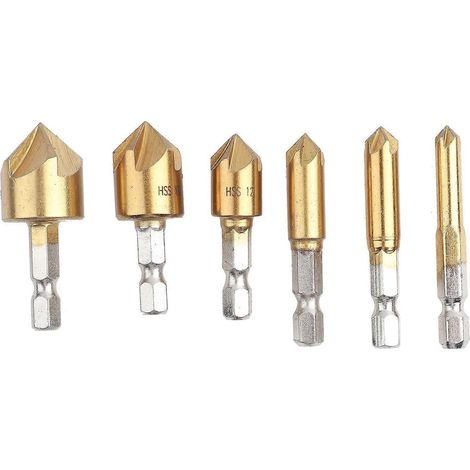 Lot de 6 fraises à chanfreiner HSS, queue hexagonale 1/4", fraise à chanfreiner le bois à 90°, 6 mm–19 mm