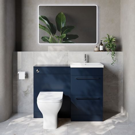 Napoli 390 Cento Deep Blue 1100mm 2 Drawer Vanity Unit Toilet Suite with Glide Basin - 1100mm - Chrome 320mm HandleWith Kingston Toilet Pan and Seat