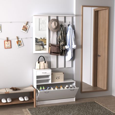 Modernes Flurmöbel-Set mit Schuhregal und Spiegel, Garderobenständer mit 6 Haken, 2 verstellbaren Ablagen und Holzschubladen für den Flur, 90 x 24 x 166 cm, Weiß