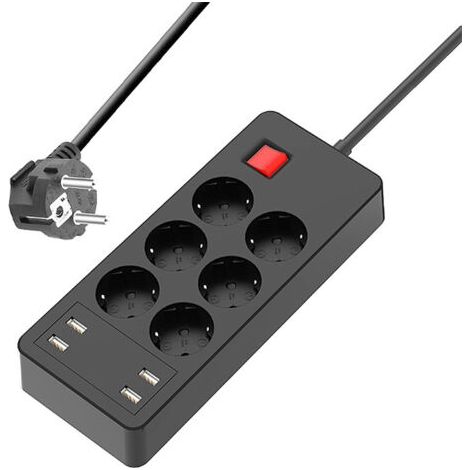 Ahlsen Multifunktionale Steckdosenleiste mit Überspannungsschutz, 6 Steckdosen und 4 USB-Anschlüssen, mit individuellen Überlastungsschutzschaltern, 1,5 m, Schwarz
