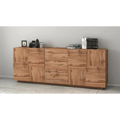 Dmora - Aparador Yoel, Buffet de salón, Aparador de salón con 4 puertas y 3 cajones, 220x44h86 cm, Roble, con embalaje reforzado (1/5)