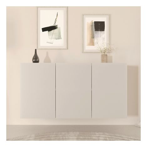 Petits-Meubles – Buffet suspendu 3 portes 160x36x60 cm blanc – Hêtre et panneaux de particules – Fixations murales incluses – Design minimaliste (1/6)