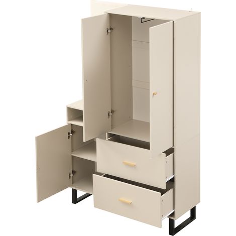 Garderobe Mit 1 Tür, 2 Schubladen Und Ausziehbarer Kleiderstange, Gepolsterte Paneele, Aus MDF, 110×38×186 cm, Beige Grau (1/5)