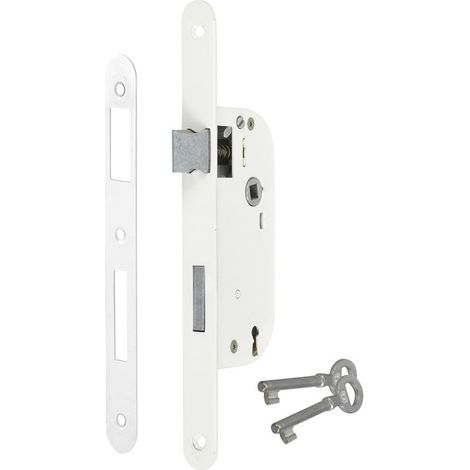 Serrure à larder à clé axe 40 mm blanc A encastrer réversible bouts ronds