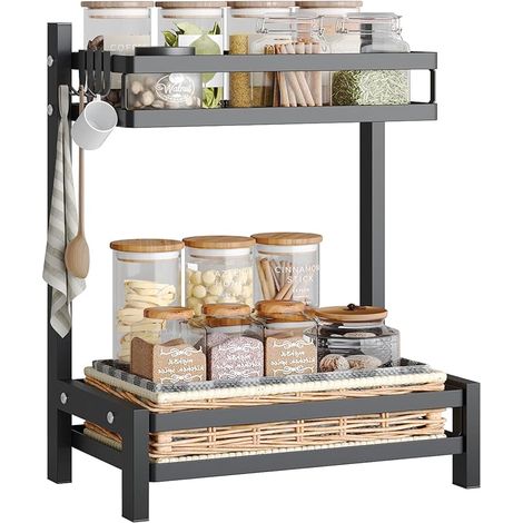 Étagère à Épices Antirouille à 2 Niveaux pour Rangement de Cuisine, Porte-épices, Organisateur de Cuisine pour Comptoir avec Crochets, Noir, 32 20 40cm (1/5)