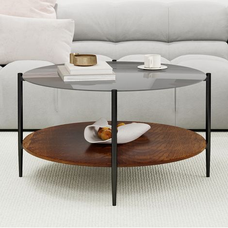 Tavolo salotto rotondo 2 ripiani vetro e legno OKMYHOME (1/5)