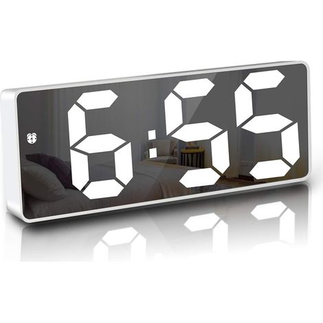 Réveil numérique, 6,7 pouces LED miroir horloge numérique alarme de chevet matin, activé par la voix/pas de tic/snooze/temp/date heure luminosité réglable pour enfants adultes, blanc (1/4)