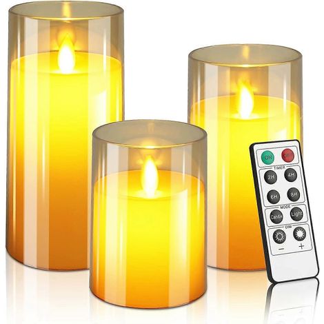 Set van 3 batterijgevoede flikkerende vlamloze LED-kaarsen (diameter: 7,6 cm x hoogte: 10,2 cm x 15,2 cm) met afstandsbediening en 24-uurs timer (goudkleurig) (1/5)