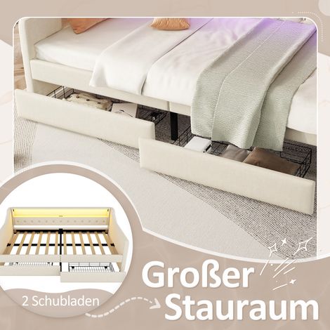 Canapé convertible 90x200, banquette-lit avec sommier à lattes, sans matelas, éclairage LED télécommandé, 2 tiroirs, port USB, tissu lin beige, meuble 2-en-1. (1/5)