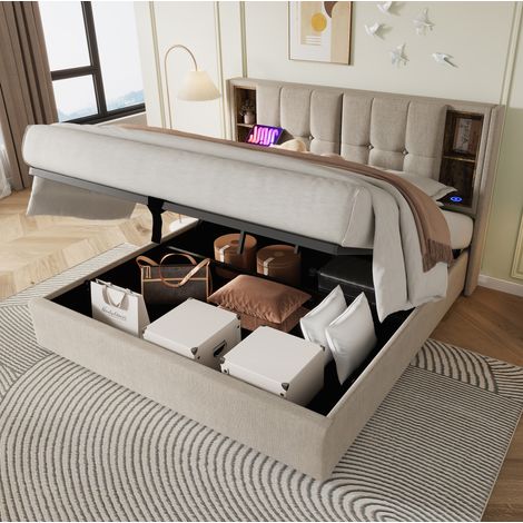 Cama tapizada con canapé 180x200 cm en lino natural con cabecero con estantes, carga inalámbrica, USB y somier de láminas (1/5)