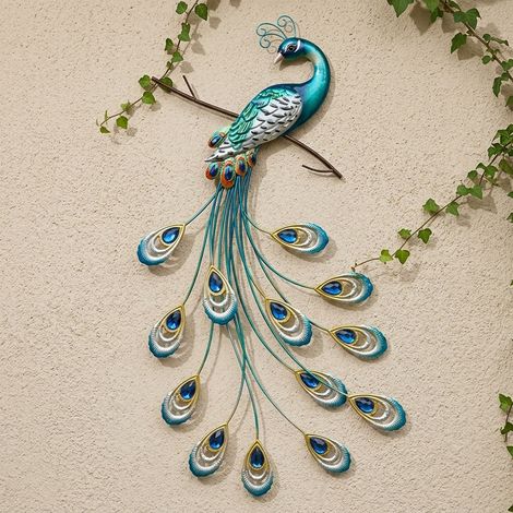 Decorazione da parete per esterni, quadro da soggiorno con pavone, piume metalliche colorate, ferro, H 73 cm (1/5)