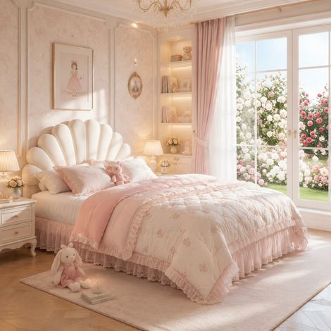 Lit enfant 140x200 cm avec tête de lit pétale capitonnée, hauteur réglable, velours beige (1/5)