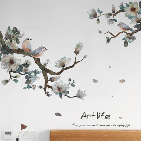 Stickers muraux décoratifs rustiques avec fleurs et oiseaux, branches, pour chambre d'enfant, salon, entrée. (1/5)
