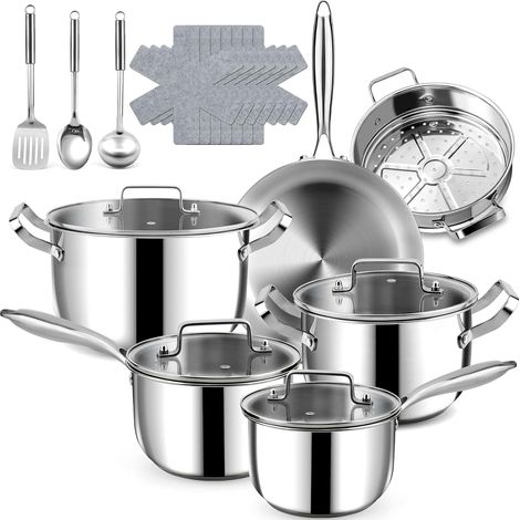 Cookware Set – 20 Pieces Stainless Steel Saucepans and Pans 30 cm, Sauté Pan 18/20 cm, Saucepans 22/26 cm – All Heat Sources Compatible (1/5)