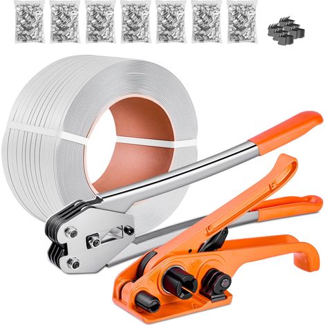 Kit Cerclage Feuillard PP 975 m Kit Cerclage Palette avec Outil et Tendeur pour Emballage Entrepôts Déménagement Stockage Transport Marchandises, 1000 Scellés en Métal, 50 Protections d'Angle (1/5)