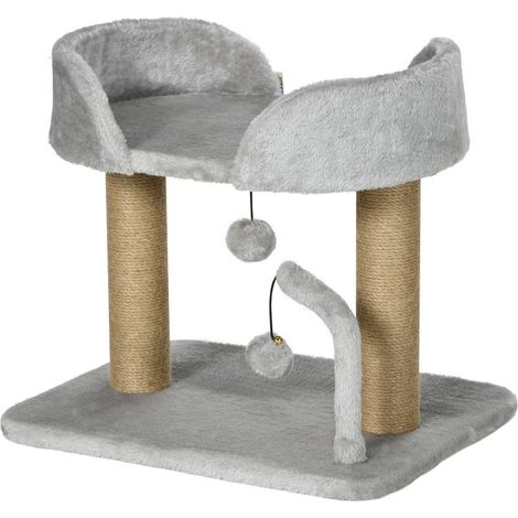 Arbre à chat grattoir design avec jeu 2 pompons suspendus 2 poteaux jute plateforme peluche jute 48 x 38 x 42 cm gris (1/5)