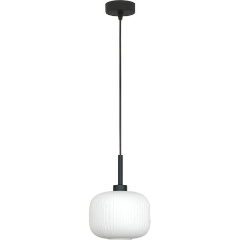 Lampada a sospensione nera con paralume in vetro bianco, Denzy 15-092Z