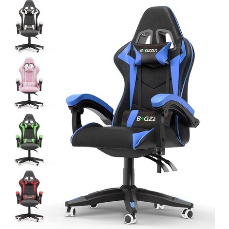 Chaise Gaming - Chaise de jeu ergonomique - Soutien Lombaire et Appui-tête - Inclinable réglable & Hauteur - jusqu'à 136Kg - Noir et Bleu