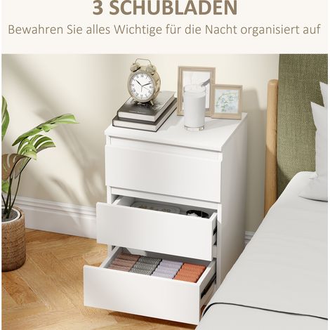 Table de chevet lot de 2, 3 tiroirs, design sans poignée, aspect bois, blanc (1/5)