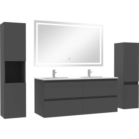 Ensemble meubles Salle de Bain 120cm vasque + colonne + miroir LED Anthracite