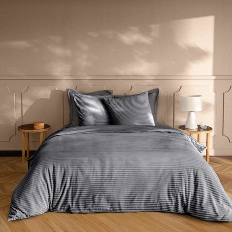Housse de couette 240x220 + 2 taies anthracite finition flanelle (1/4)