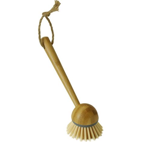 Round Bamboo Long Handle Washing Up Dish Brush, Natural (1/4)