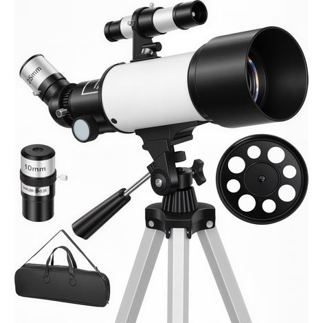 Telescopio astronómico para adultos y principiantes, refractor de 70 mm, 40X/16X, trípode ajustable, 80 x 80 x 135 cm, blanco.