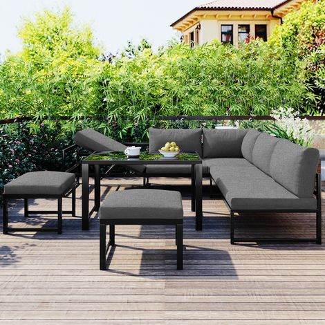 Salon de jardin aluminium pour jardin et balcon : fonction transat, dossier 4 positions, coussins doux, gris (SKU prévisuel : HW00002AAA)