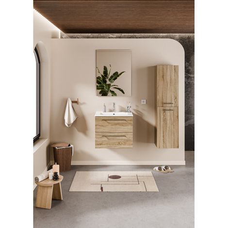 Sanitaire – Meuble de salle de bain NEPTUNE en bois clair 60 cm – Miroir slim – Plan vasque en céramique – Dimensions L600 x H510 x P458 mm (1/5)