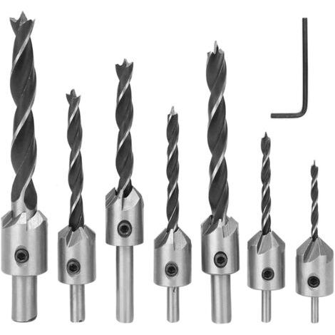 Set de Forets à Chanfreiner, 7 Pièces Mèches à Frapper à Trois Pointes Forets à Chanfreiner 3 4 5 6 7 8 10 mm, pour Bois Acier Rapide, Travail du Bois Menuiserie (1/5)