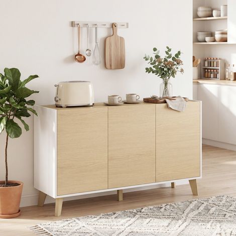 Buffet de cuisine, meuble de rangement de style nordique, 3 portes à fermeture amortie, 6 compartiments, bois naturel et blanc (1/5)