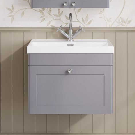 Nuie Classique Wall Hung 1-Drawer Vanity Unit with 1TH Thin-Edge Basin 600mm Wide - Satin Grey (1/5)