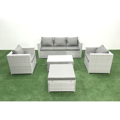 Fimous Rattan Garden Furniture Set with 3 Seater Sofa 2 Chair Rectangular Coffee Table Big Footstool Light Grey Mixed 6 Seater (1/5)