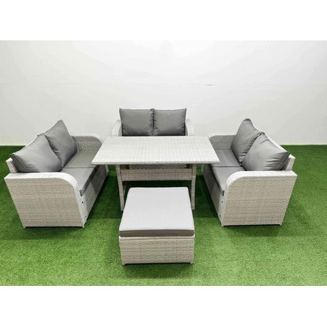 Fimous 7 Seater PE Wicker Rattan Furniture Sofa Sets with Rectangular Dining Table 2 Seater Love Sofa Big Footstool Light Grey (1/4)