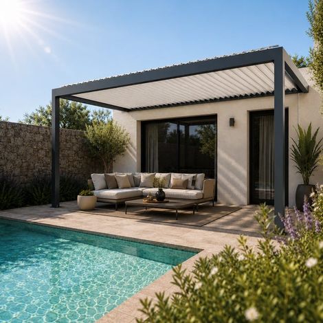 Pergola Bioclimatique Aluminium Adossée Anthracite 5x3 Manuelle S ORIAL France (1/5)