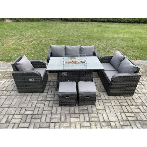 Fimous Polyrattan Gartenmöbel Set mit Gasfeuerstelle Esstisch 8-Sitzer Garten Sofa im Freien Set Dunkelgrau Gemischt (1/5)