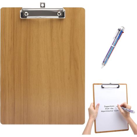 porte bloc a4 avec pince en bois avec stylo à bille 6 couleurs, Planchettes à pince et porte-formulaires, l'école les croquis les voyages listes de courses quotidiennes (Couleur bois de cerisier) (1/5)