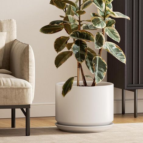 Pot de Fleurs en Céramique, Pot de Fleurs/Cache-Pot 30 cm avec Soucoupe et Trou de Drainage, Pots de Fleurs d’Intérieur pour Maison et Bureau, Blanc (1/5)